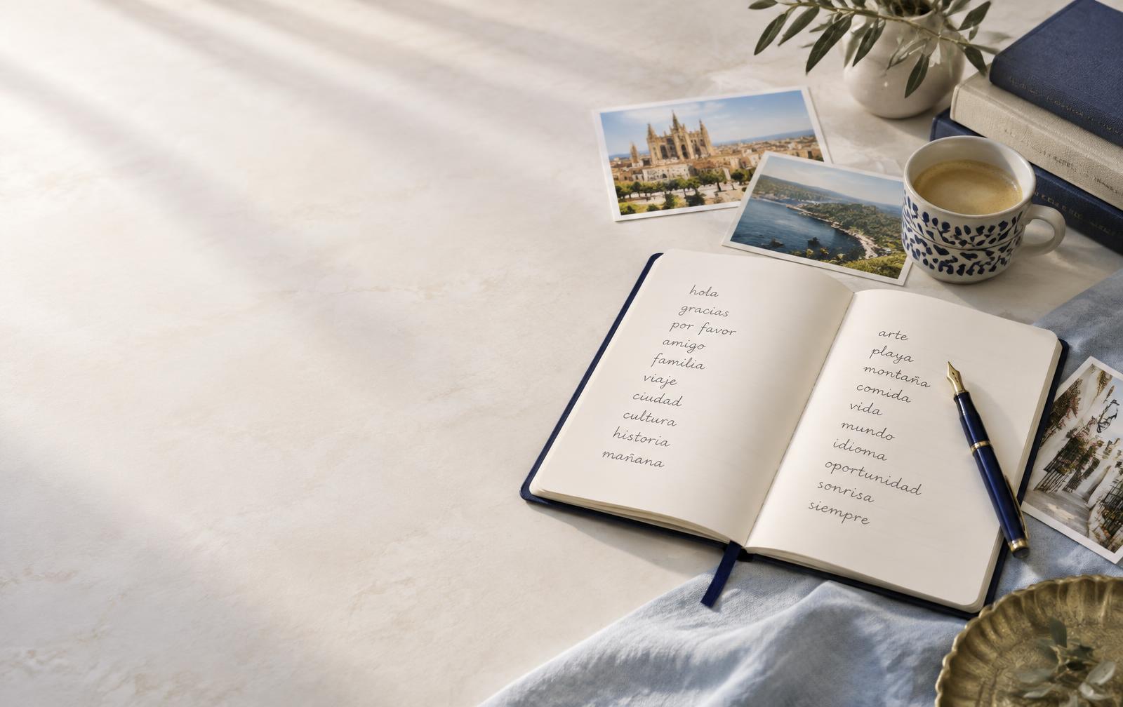 スペイン語の単語を書いたノートと旅の写真